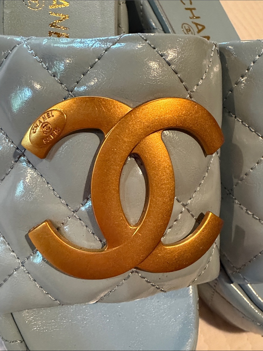 CHANEL Powder Blue Quilted Leather Slide Mules with Gold CC - Picture 9 of 10